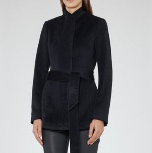 REISS Navy High Neck Reema Belted Wool Coat